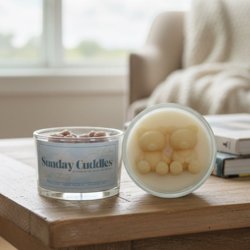 A clear glass jar candle labeled 'Sunday Cuddles' with brown teddy bear-shaped wax pieces visible inside, shown next to it another candle featuring two pale yellow teddy bears molded into the wax.