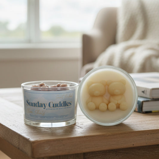 A clear glass jar candle labeled 'Sunday Cuddles' with brown teddy bear-shaped wax pieces visible inside, shown next to it another candle featuring two pale yellow teddy bears molded into the wax.