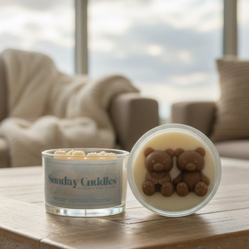 A wickless candle shown open next to its lid, labeled 'Sunday Cuddles' by Soft Touched. The candle wax inside is pale cream, and the lid features two small brown teddy bear figures molded into the wax.