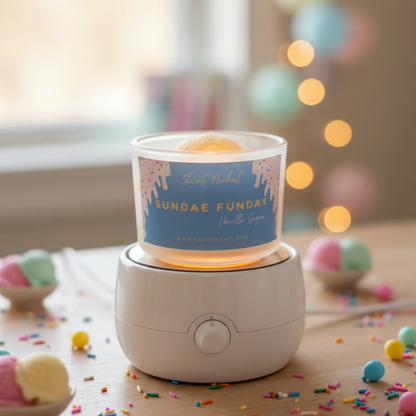 A glass jar candle with a wax imitation scoop of vanilla ice cream inside, featuring a blue label with pink ice cream cone graphics and the text 'Saint Mikael SUNDAE FUNDAY Vanilla Scoop'.